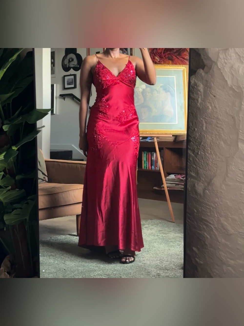 VTG Y2K Niki livas Red Satin Backless Maxi Prom Dress Beaded Lace Appliqué Open